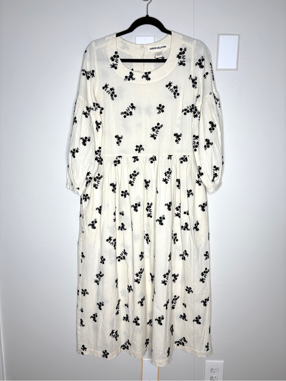 Caron Callahan Violeta Floral Embroidery Oversized Midi Dress Ivory Size S